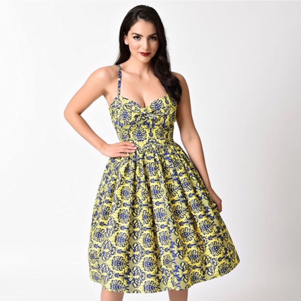 50s Style Yellow Navy Damask Chateau Swing Dress